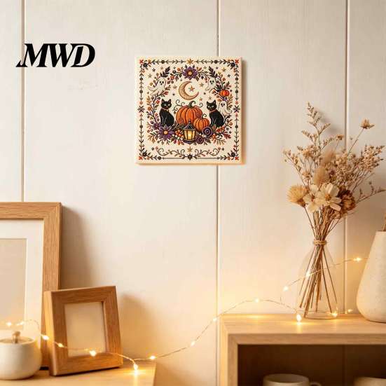 DIY Halloween Activity Set Embroidery Kit, Stitch Kit for Adults, Cute Witch Creative Hobby Projects Women Ghost Black Cat Pumpkin Pattern Wall Decor