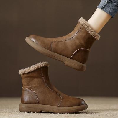 Модные кожаные водонепроницаемые плюшевые зимние ботинки с круглым носком для женщин Тренд 2025 Дизайнерская роскошная женская обувь Зимняя новинка Нескользящие ботильоны