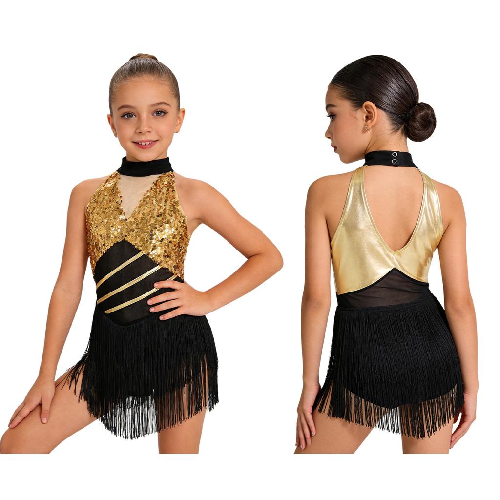 Kids Girls Cha-cha Salsa Latin Dance Costume Shiny Sequins Halter Sleeveless Mesh Waist Keyhole Metallic Back Tassels Leotard Dancewear
