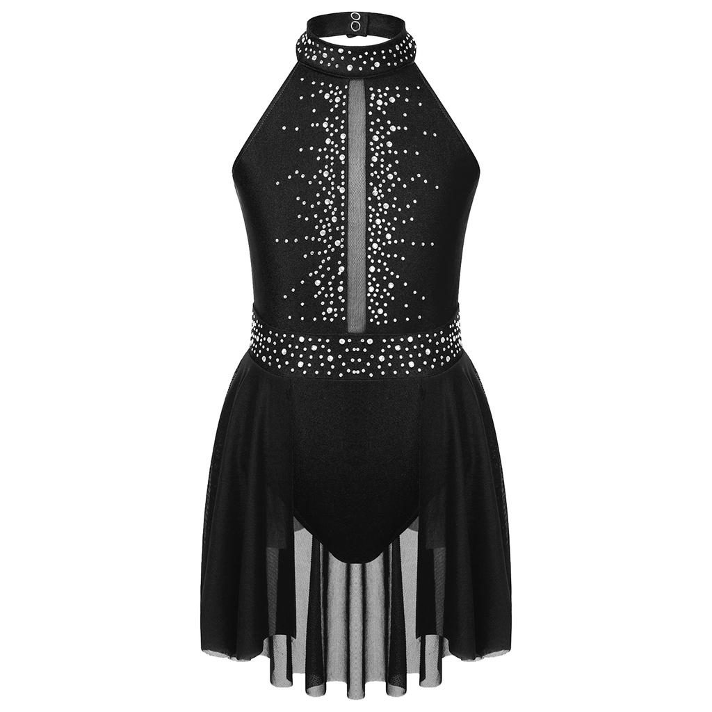 Girls Dance Performance Dress Sleeveless Mock Neck Shiny Rhinestones Decorated Cutout Back Leotard