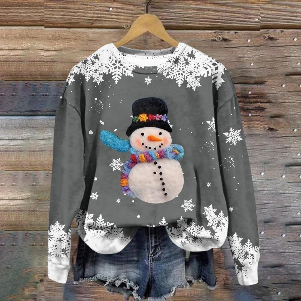 Women's Fashion Christmas Printed Long Sleeve Loose Round Neck Sweatshirt Top