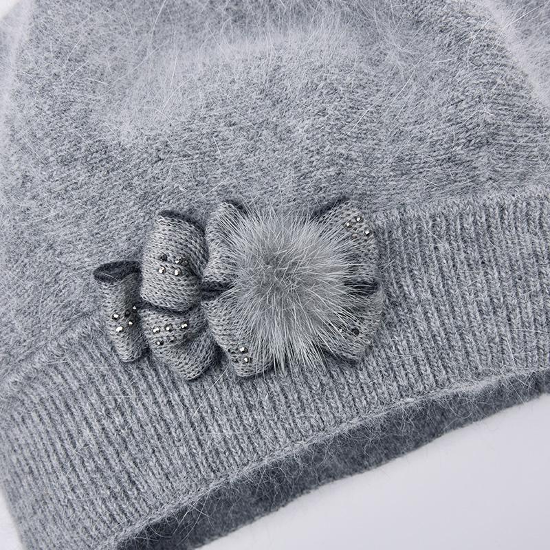 SOMALER Cashmere Winter Beret Hats for Women Knitted Middle-aged Lady Caps Bowknot Decoration On Side