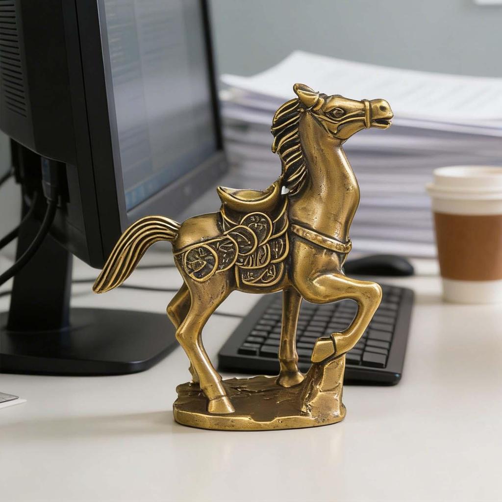 Латунная статуэтка лошади Маленькое украшение 2026 год Лошади Металлические поделки с золотой монетой Символизирует богатство удачу подарок настольное украшение