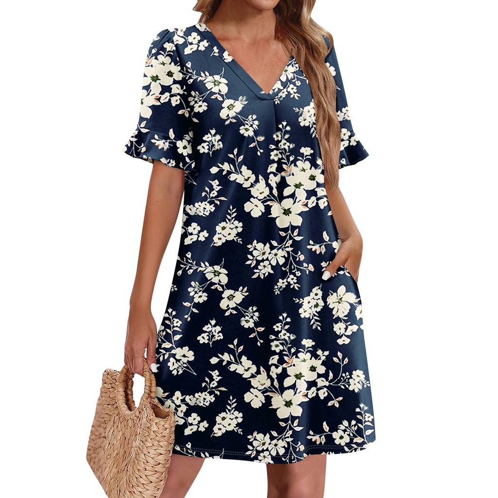 Летние платья для женщин с V-образным вырезом, оборками и коротким рукавом, повседневное свободное платье с принтом, пляжное платье с карманами