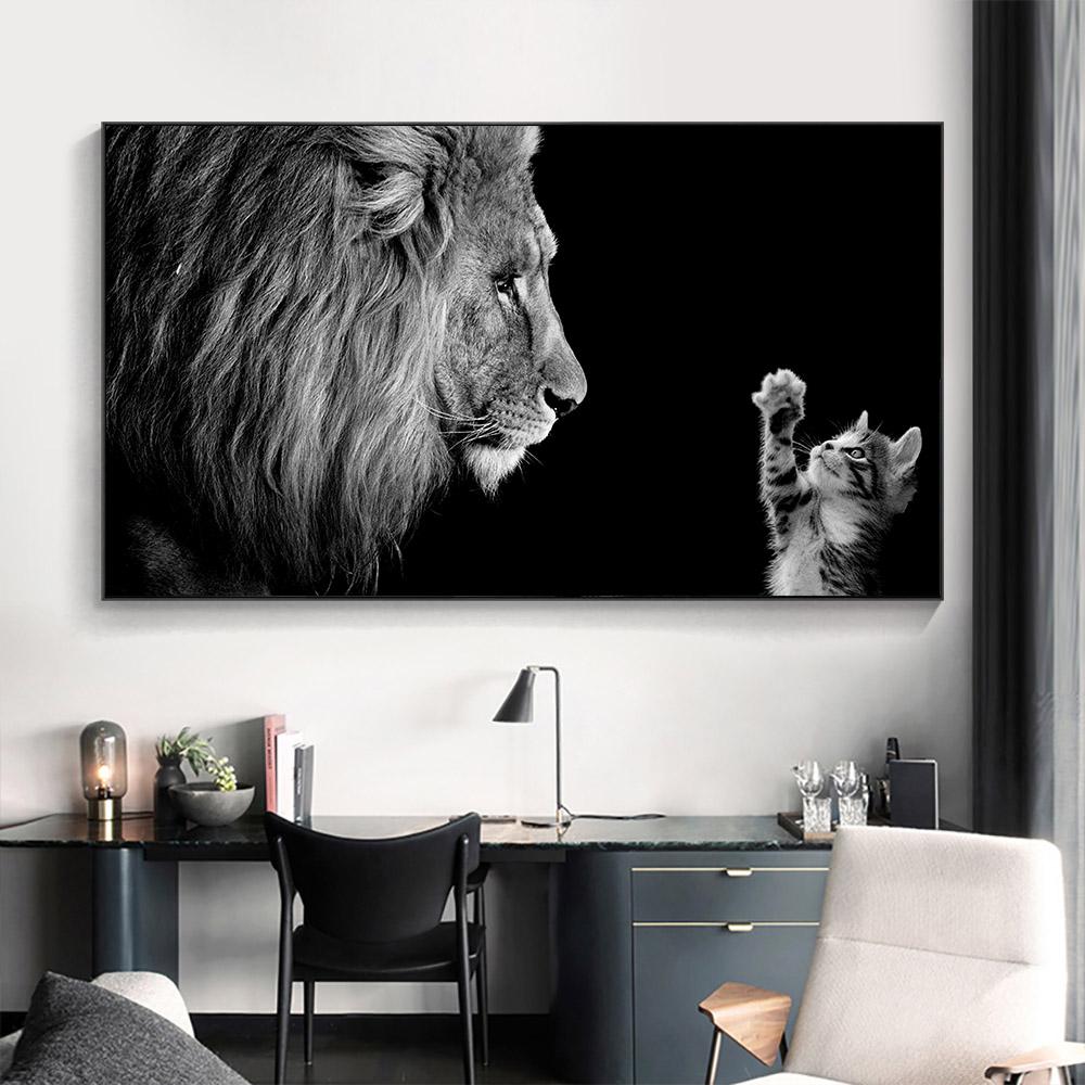 Черно-белый постер с изображением животных Лев и маленькая кошка, холст, картина, настенные художественные картины для гостиной, домашний декор, Cuadros Decorativos