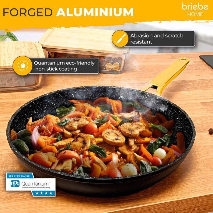 Set 3 Poêles à Frire Antiadhésives à Induction 20-24-28cm, Aluminium Forgé Briebe Gold Titanium Noir