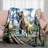 1PC Custom Name Dinosaur Adventure Mountains flannel blanket versatile,all-season throw suitable for the living room,bedroom,camping,travel,and gift