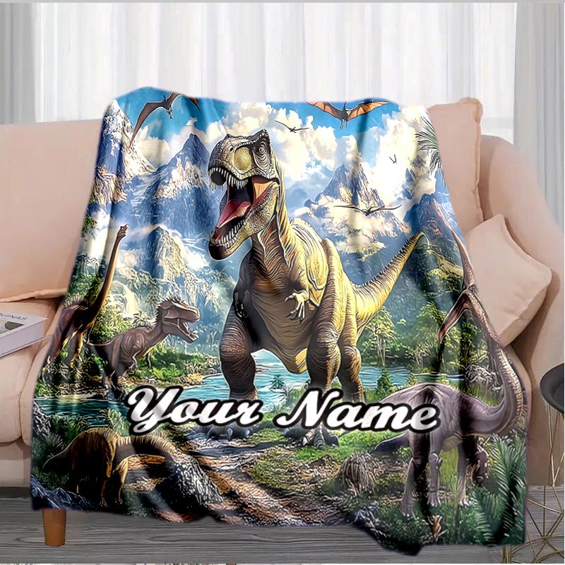 1PC Custom Name Dinosaur Adventure Mountains flannel blanket versatile,all-season throw suitable for the living room,bedroom,camping,travel,and gift