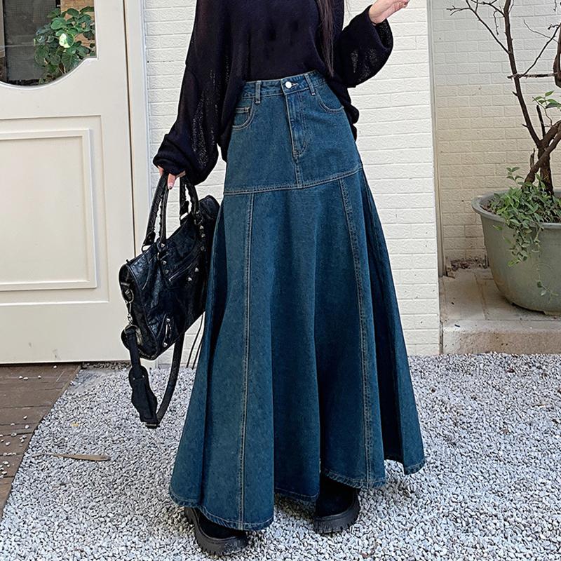 WTEMPO Длинная винтажная синяя джинсовая юбка, женская весенне-осенняя элегантная универсальная юбка с высокой талией, уличная одежда
