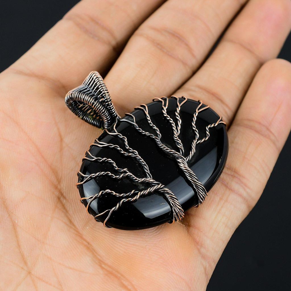 Двойное Древо Жизни, черный оникс, драгоценный камень, медная проволока, подвеска ручной работы, ювелирное изделие для подарка