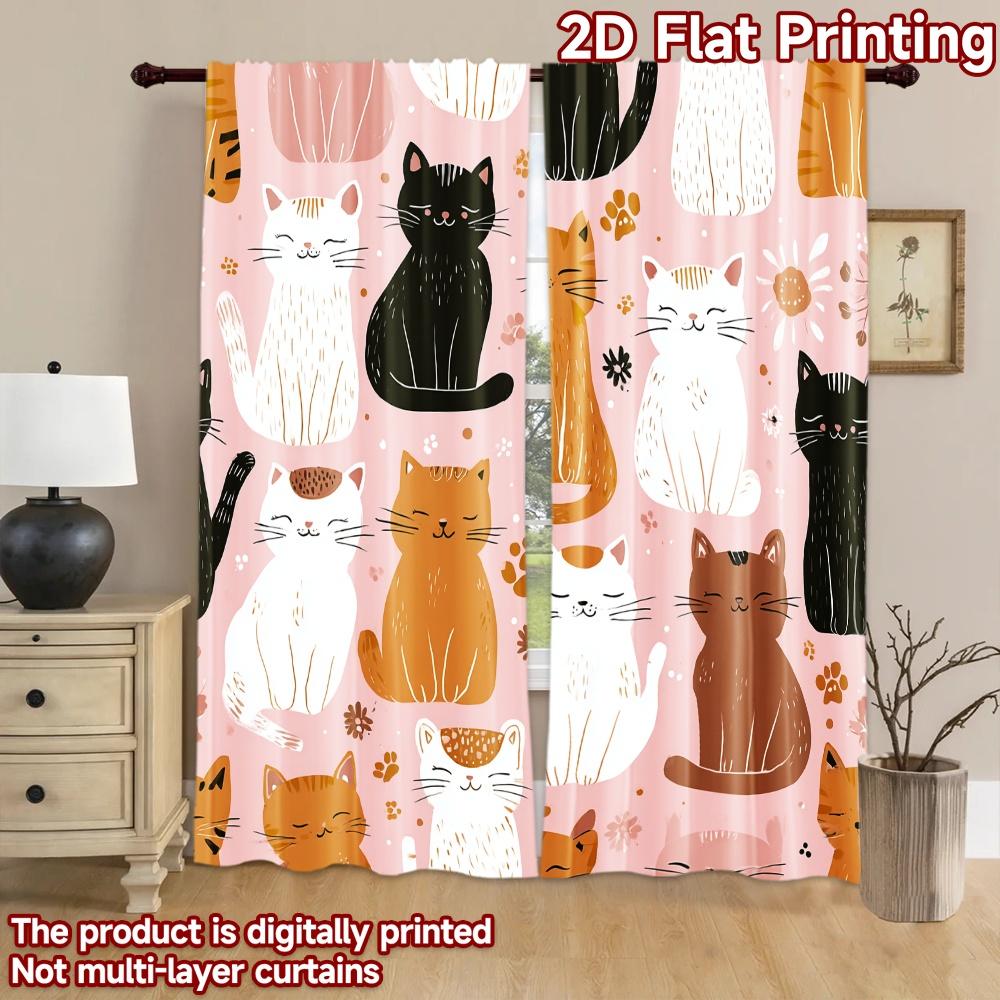 2D flat printing 2pcs Curtain Cute Cats Cute Cats Digital Printed Polyester Drapes Party Decorations Use for Indoor Celebrations