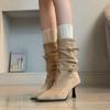 Lan Cabinet~ Pointed Temperament Retro Pleated Piled Boots Slim Heels Western Boots High Heels Short Boots Women's Slim Boots