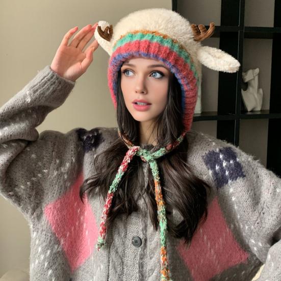 Рождественская шляпа с рогами, сумка 2-в-1, праздничная шляпа с оленьими рогами, эластичная, мягкая, теплая зимняя шапка