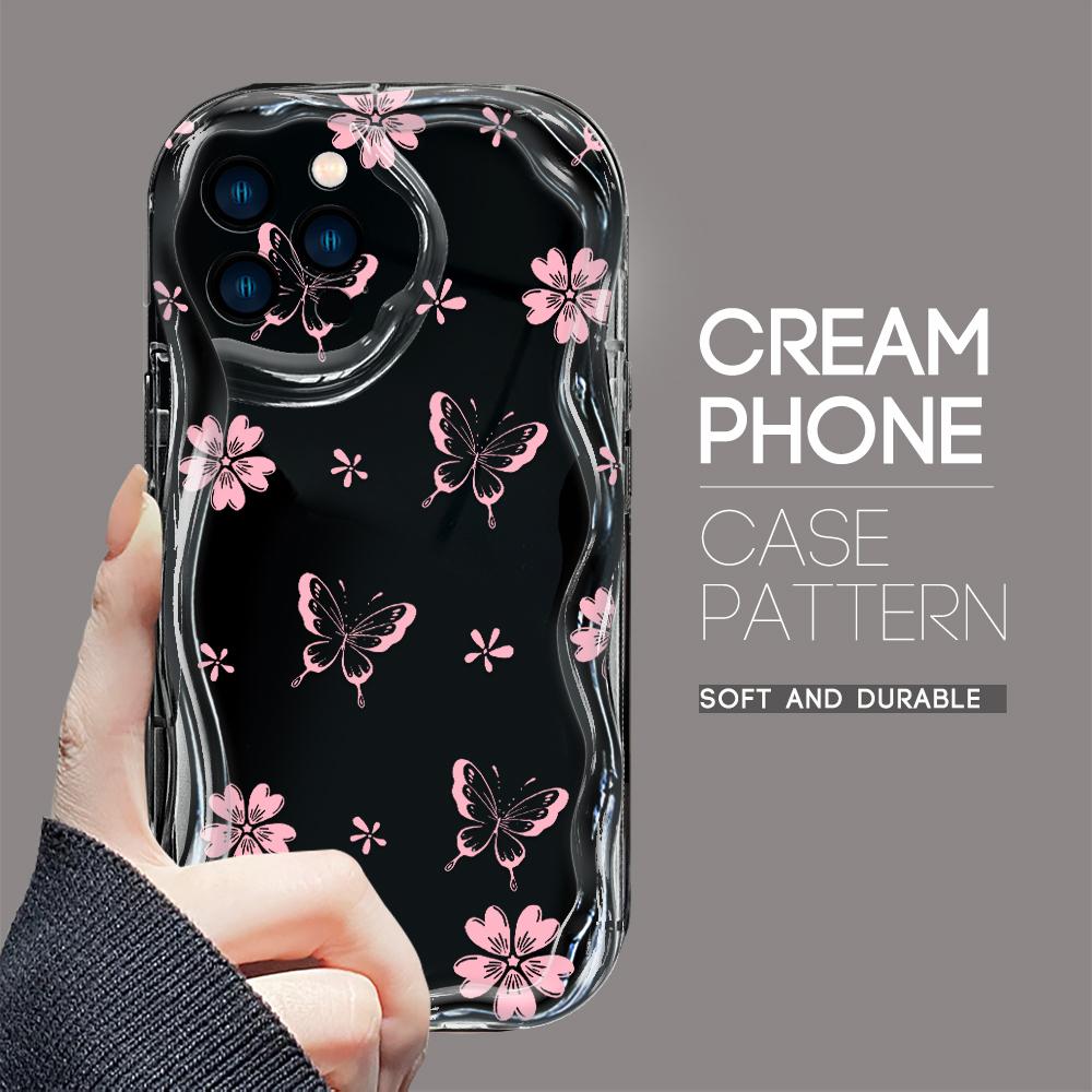 For iPhone 16 15 14 13 12 Samsung S24 S23 S22 A06 A13 A14 A15 A16 A55 Redmi Note 13 12 Cartoon Pink Butterfly Soft Wavy Edge Design Phone Casing