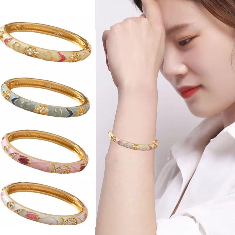 Chinese Style Vintage Cloisonne Bangle Enamel Women's Hand Bracelet Hollow Out Flower Bangle Girls