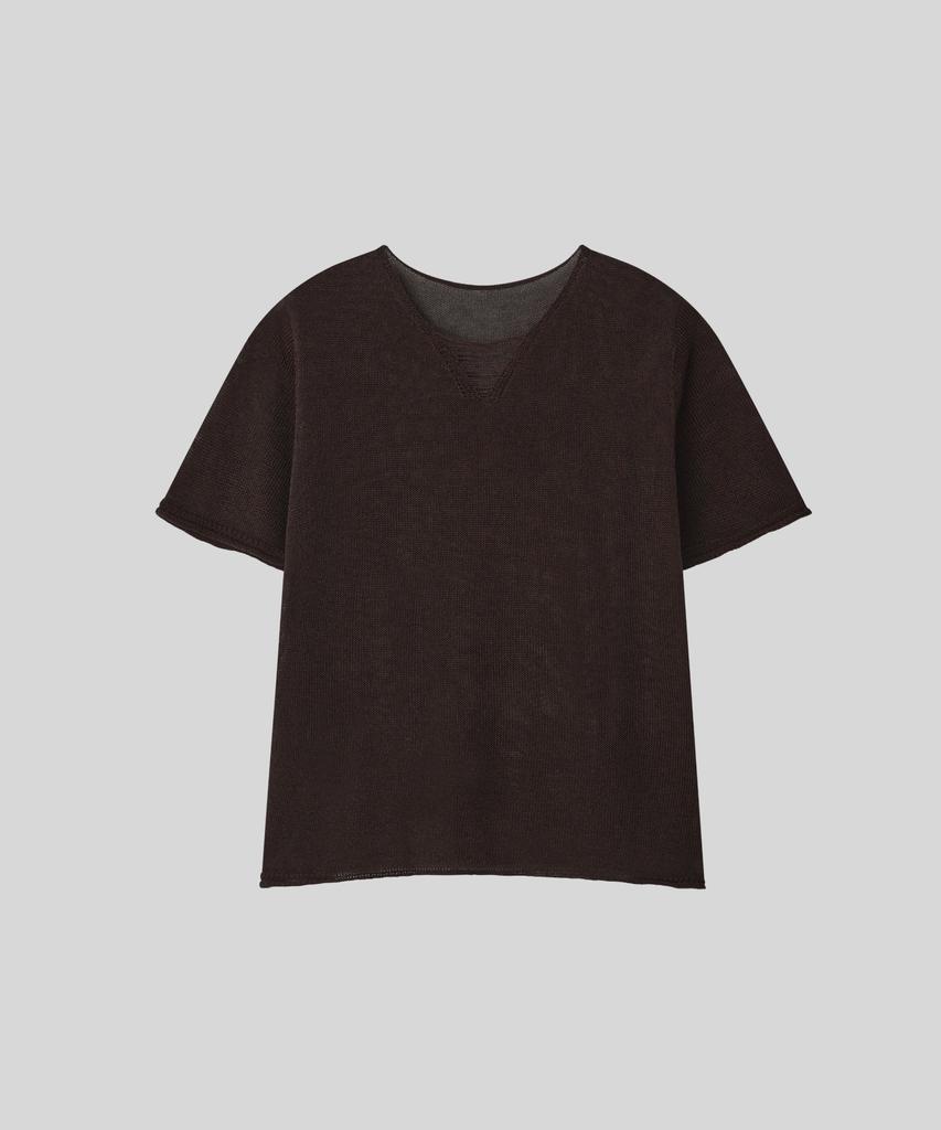 OCCUR Cooling Linen Lyocell Blended V-Neck Short Sleeve Knit, Brown
