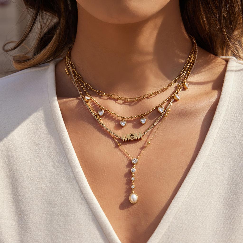 Fashion Trendy Gold Plated Stainless Steel Zircon Letter Link Chain Pendant Necklace for Women Party Occasion