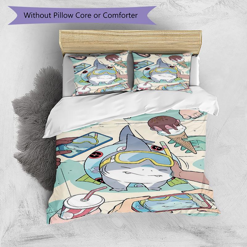 3pcs Jeff the Land Shark pattern bedding set duvet cover set includes duvet cover &pillowcases, perfect all season bedroom decoration & gift