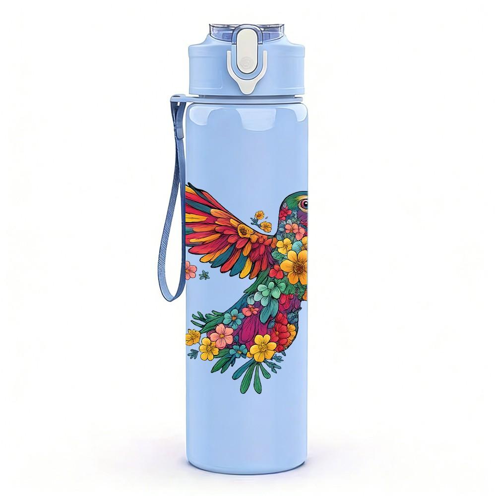 1PC Colorful Hummingbird Art 750ml Color Plastic Sports Water Bottle Leakproof Flip Straw Lid Suitable for Sports Office Home Use