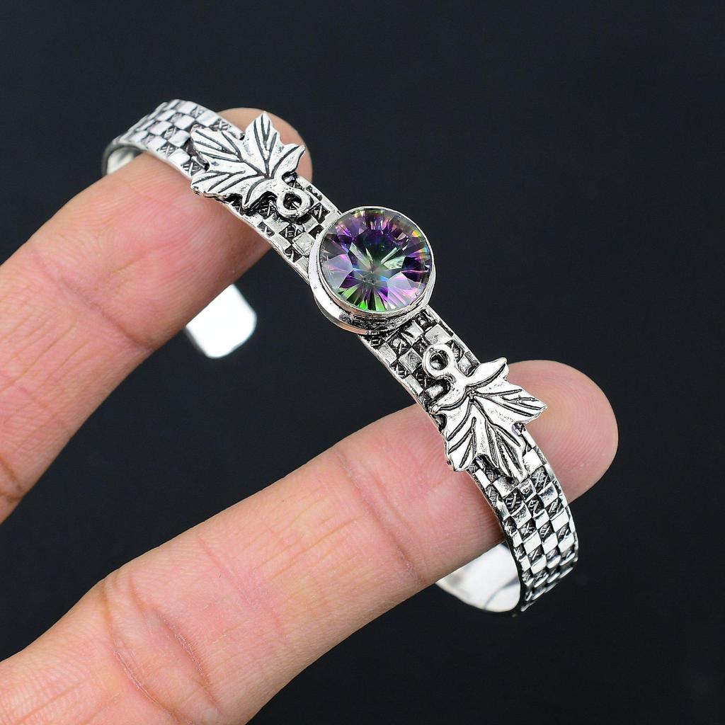 925 Sterling Silver Round Natural Rainbow Mystic Topaz Sister New Bangle Jewelry