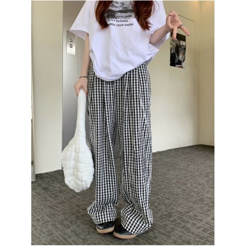 Plaid Contrasting Color Drape Casual Pants Women's Summer New Loose High Waist Straight Long Pants