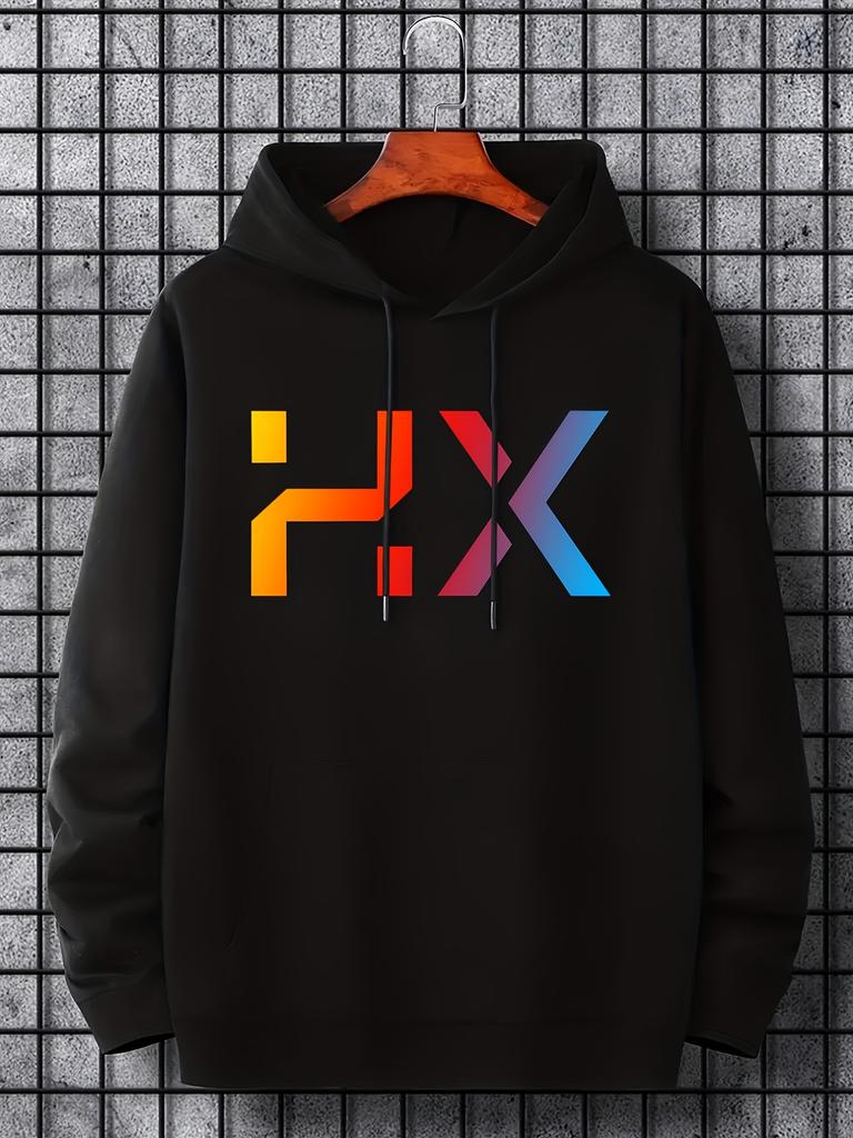 Свитшот с принтом букв HX для мужчин, Графический дизайн с надписью "For As Gifts", Тяжелый пуловер 250 г с карманом, Регулируемый капюшон