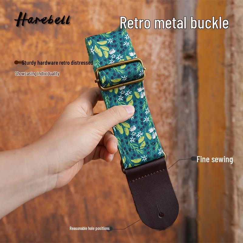 Retro Forest Style Faux Leather Guitar Strap with Green Leaf Vine Design