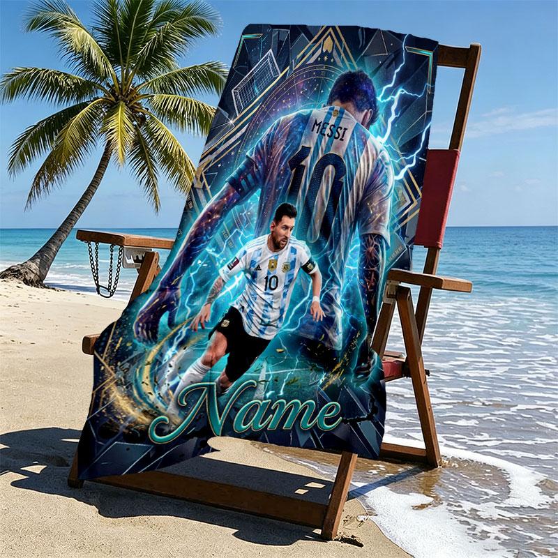 Custom Name Personalized Leo Messi Print Beach Towel, for Trip Camping Beach Party Home Decor, Birthday Gift for Family & Friends