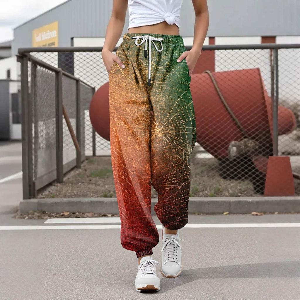 Женские повседневные модные брюки для отдыха с принтом на Хэллоуин, спортивные штаны, брюки с эластичной резинкой на талии, брюки со шнурком