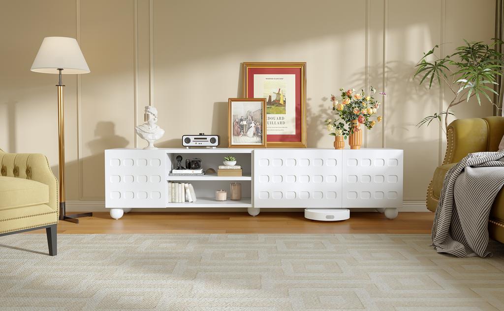 200*40*44cm TV Cabinet, 3-Door Living Room Cabinet, Cabinet Doors with Printed Design, TV Cabinet with 5 Legs, Suitable for TVs up to 80 Inches, White