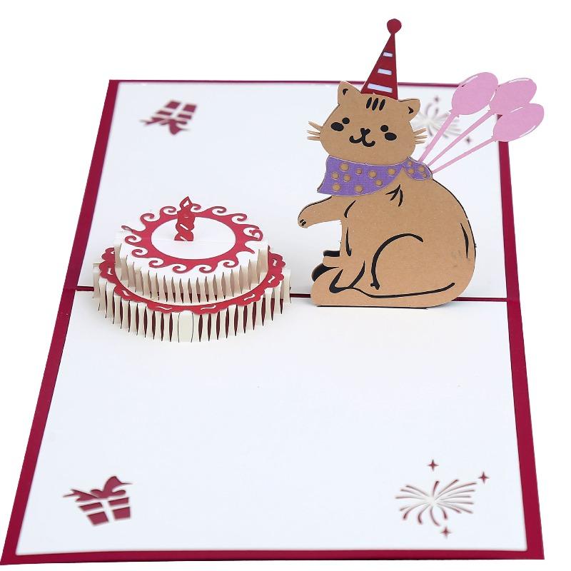 3D Pop-Up Style Greeting Card Cat Birthday Greeting Cards Paper Hollow-Out Cake Creative Handmade Birthday Gift