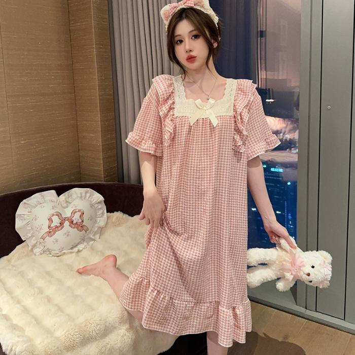 Ночная сорочка с принтом вишни, пижама женская, корейский стиль, рюши, ночное платье, пижама, летняя, с коротким рукавом, домашняя одежда, новинка