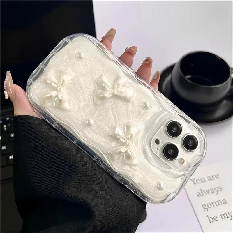 Cute Korean 3D Bow Pearl Phone Case For iPhone 15 14 13 12 11 Pro Max 14 Plus XS XR XS Max Shockproof Soft Cover