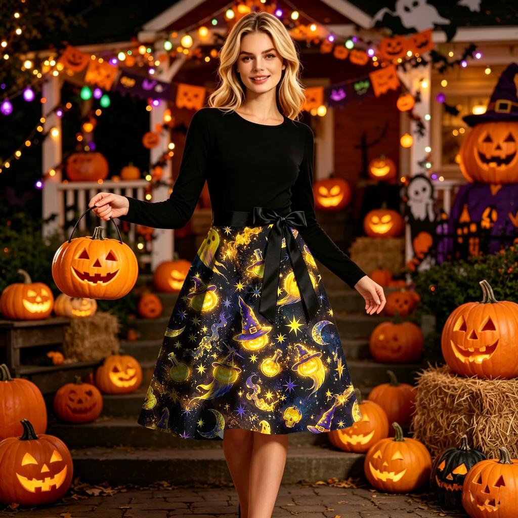 Women Round Neck Halloween Print Dress Long Sleeve Casual Style A Line Dress with Waist Tie for Holiday Party
