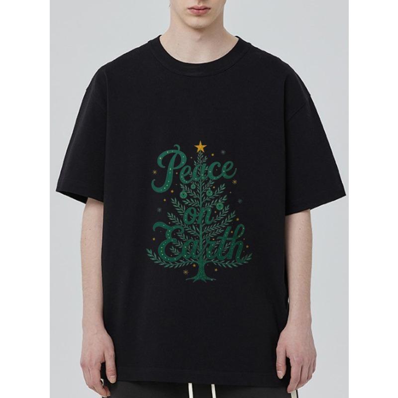 Black T Shirt Peace on Earth Christmas Tree Design Holiday Season Wear