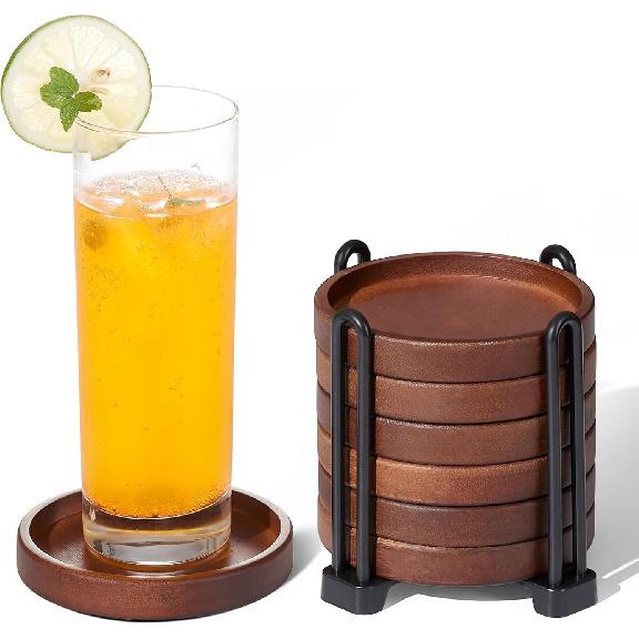 Set of 6 Wooden Coasters With Holder - Coffee Table Coasters for Drinks, Modern Home Decor, Dining Table Decorative Set, Cute Beer Bar Rustic Outdoor