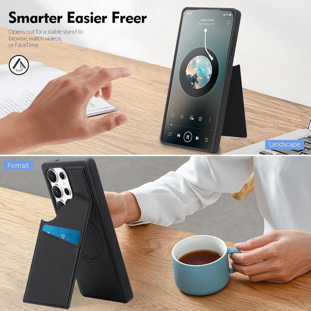 Full Coverage PU Leather Phone Case With Card Slot holder kickstand Compatible With Galaxy S25ultra S24 Ultra, Wireless Charging