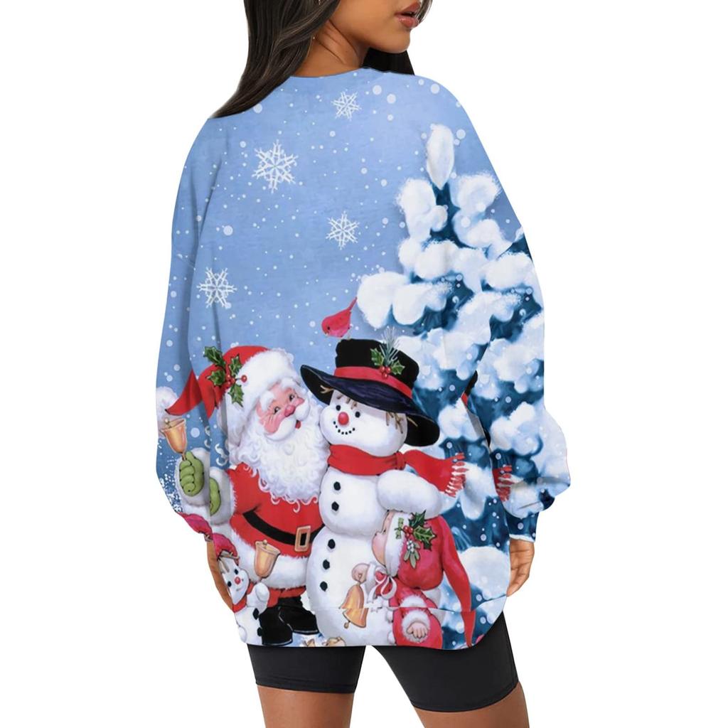 Женский повседневный модный рождественский принт с длинным рукавом и круглым вырезом, пуловер, топ