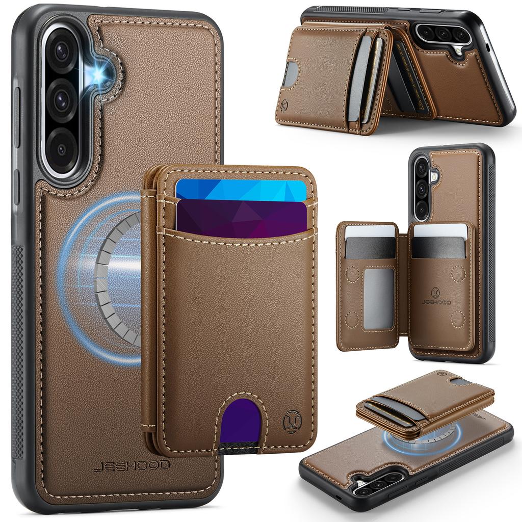For Samsung Galaxy A56 5G Magnetic Case JEEHOOD J10 Leather Back Phone Cover with Detachable Card Holder Kickstand