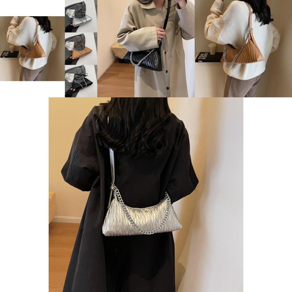 Stylish Korean Women's Pleated Shoulder Bag 2023 Trendy Pu Leather Chain Strap