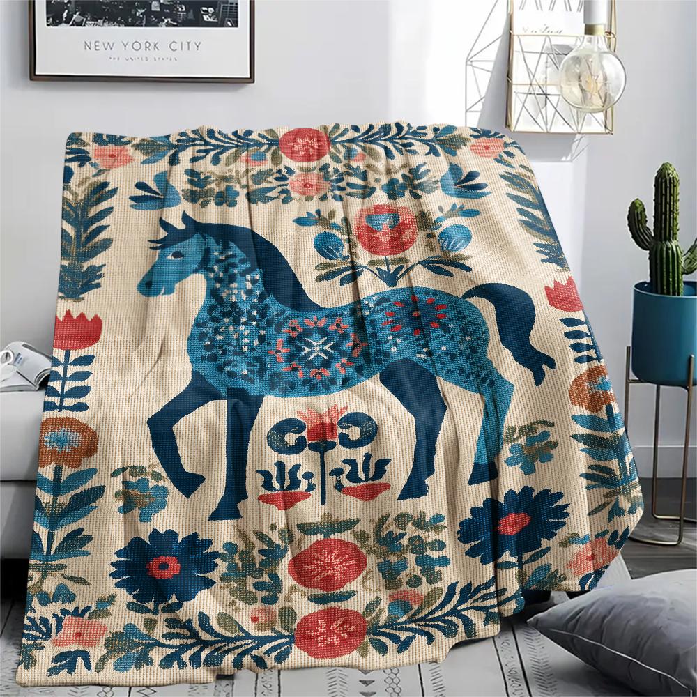 Flower Horse Print Flannel Blanket, High quality Comfortable for All Seasons, Home Decor, Warmth and Comfort, Perfect for Christmas Gifts