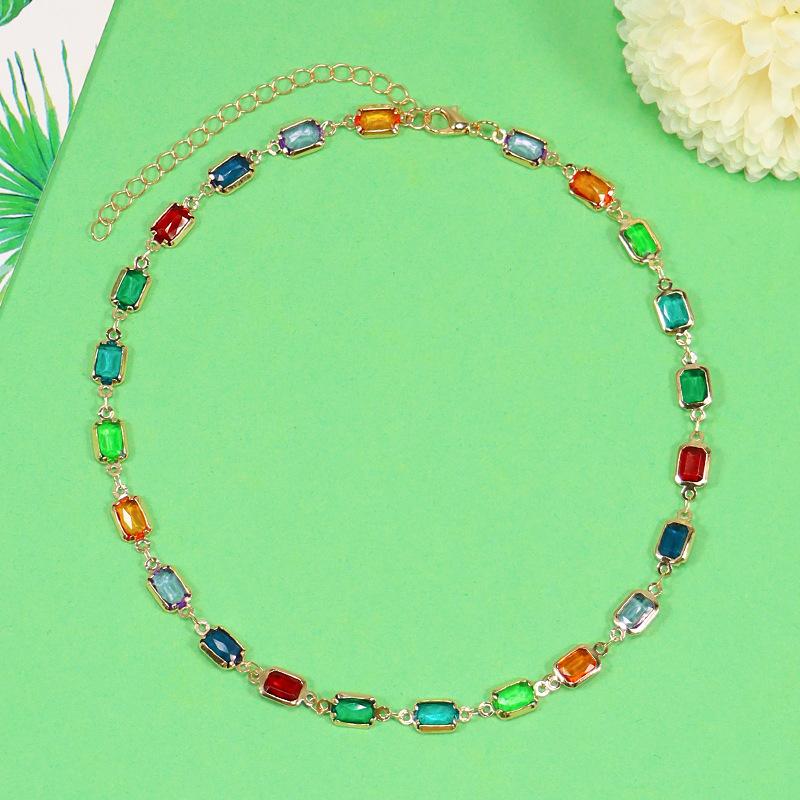 Colorful Diamond Square Jmxdjewelry Necklace Retro Trend Fashion Simple Collarbone Chain Necklace