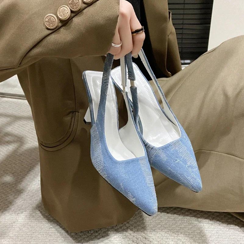 Мода 2024 года, новые босоножки с заостренным носком на высоком каблуке, весна/лето/осень, парусиновые туфли на тонком каблуке из нишевого дизайна