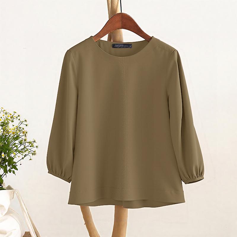 ZANZEA Women Casual Round Neck Solid Color 3/4 Sleeve Blouse