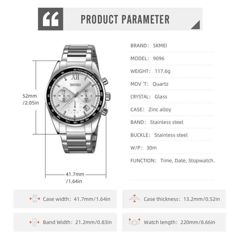 SKMEI High-grade Business Luxury Men Quartz Dual Display Watch Stainless Steel Business elites Waterproof Wristwatches Male 9096