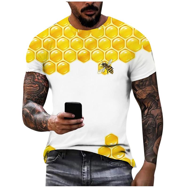 Summer Round Neck Honey Bee 3D Print Top Fashionable Casual Short Sleeved Men's T-shirts