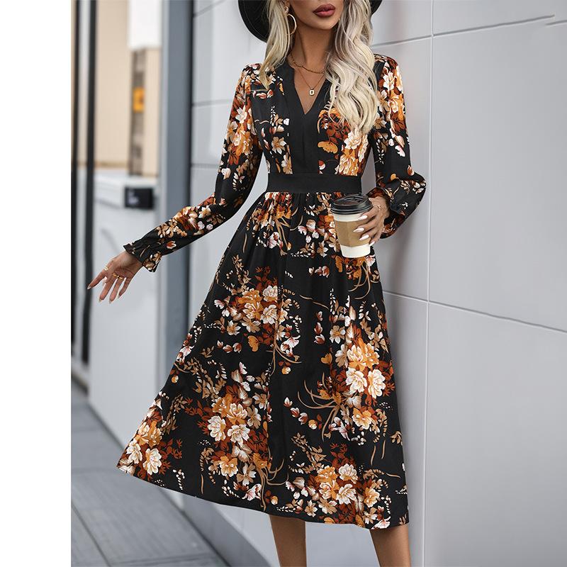 Women's Fashion Printed Mid-Length Spring and Autumn Dress