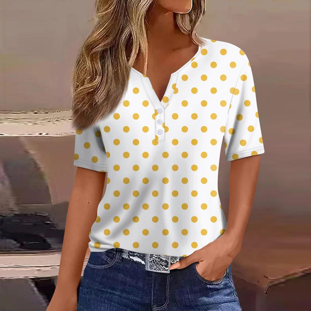 Women's Fashion Casual Solid Color Dot Print V-Neck Short Sleeve Decorative Button T-Shirt Top