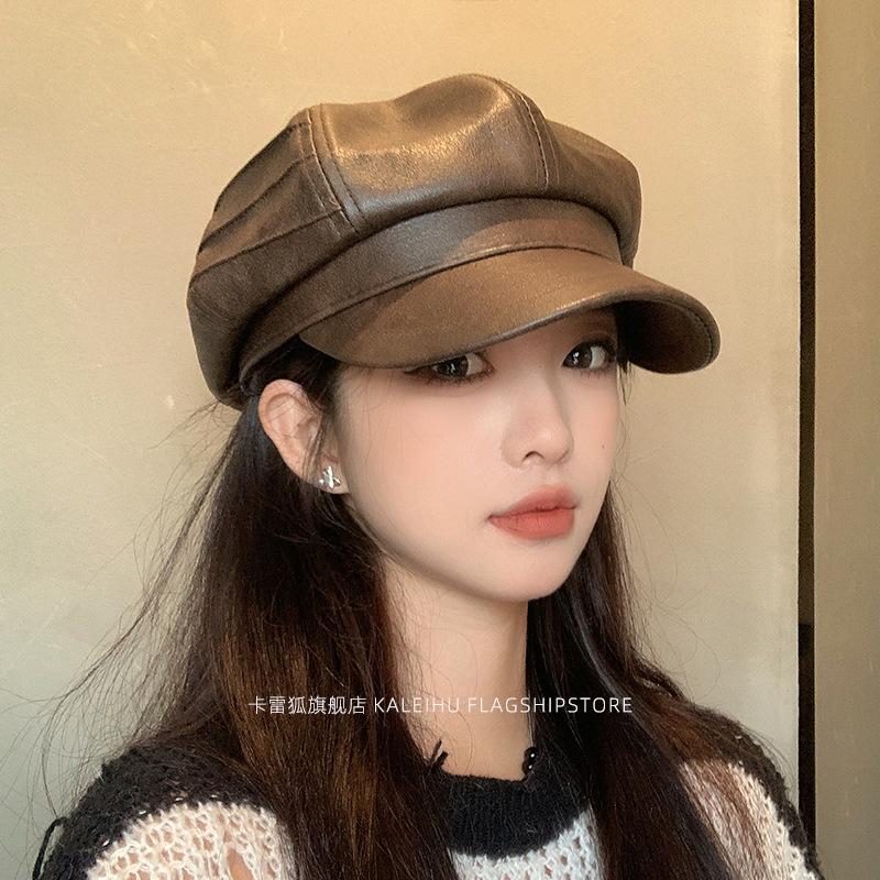 Показать небольшой темпераментный PU кожаный головной убор кепка детская ретро универсальный коричневый берет восьмиугольная шляпа женская осень и зима