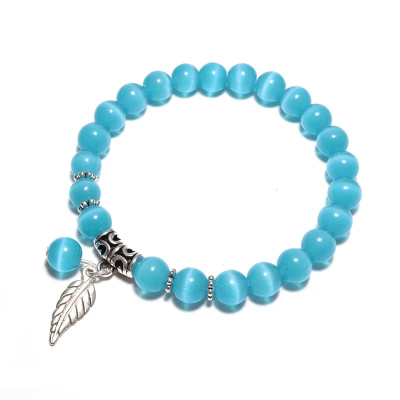 Genuine Cat Eyes Stone Bracelet For Women Natural Moonstone Braslet Leaf Pendant Braclet Pink Opal Brazalete Girlfriend Gift